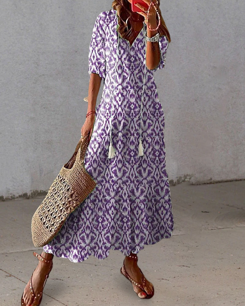 Cleo Comfortabele Boho Maxi Jurk met Flatterende Pasvorm en Tummy-Cover Design