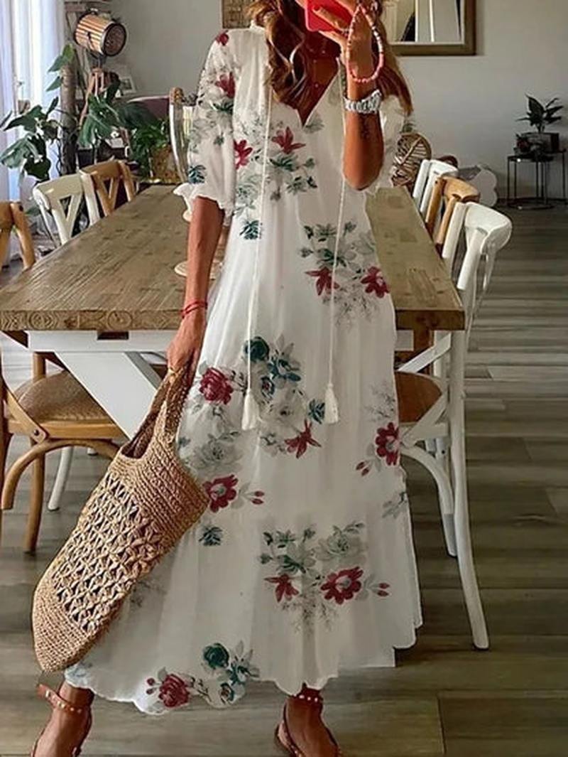 Cleo Comfortabele Boho Maxi Jurk met Flatterende Pasvorm en Tummy-Cover Design