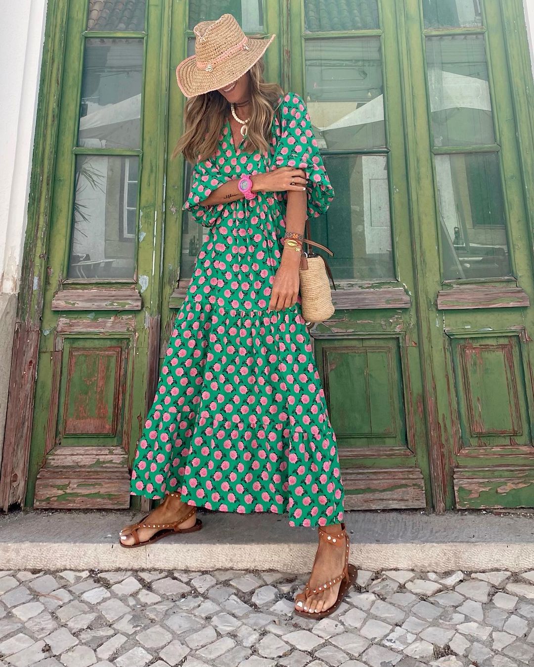 Ella Elegante Katoenen Maxi Jurk met Bloemenprint