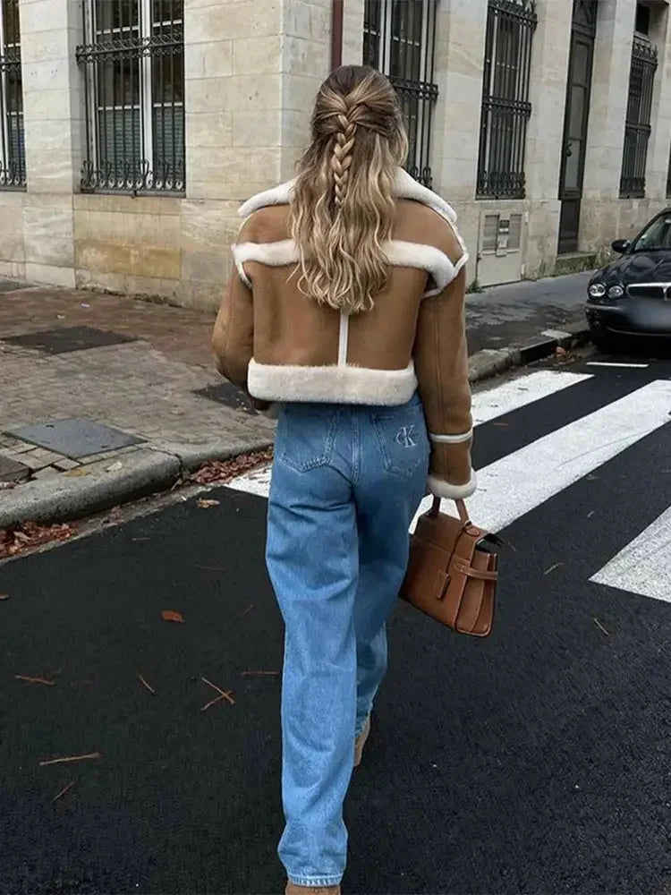 Cropped Aviator Teddy Jas met Sherpa Details - Camel