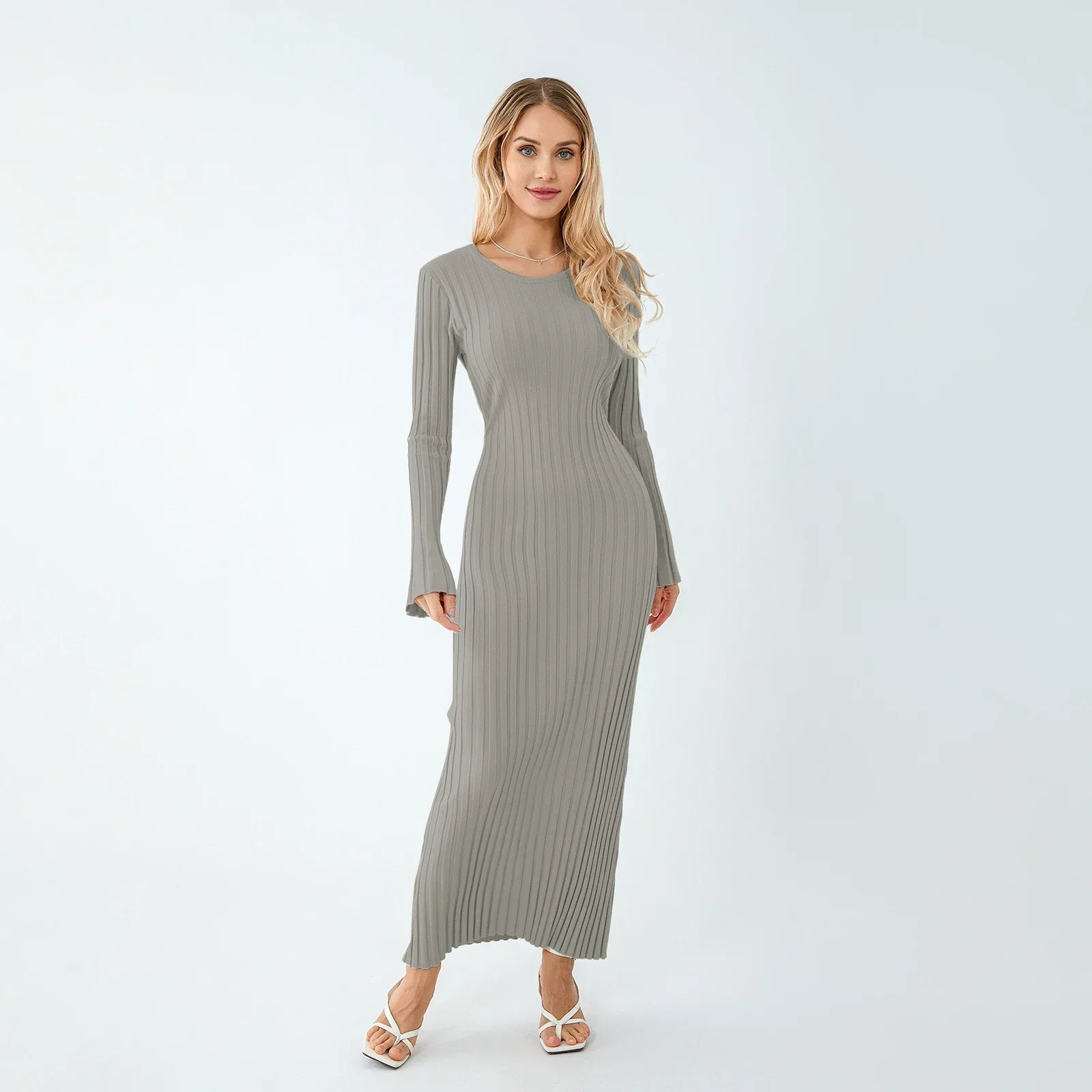 Elena Elegante Maxi Jurk met Geribde Stof en Veters