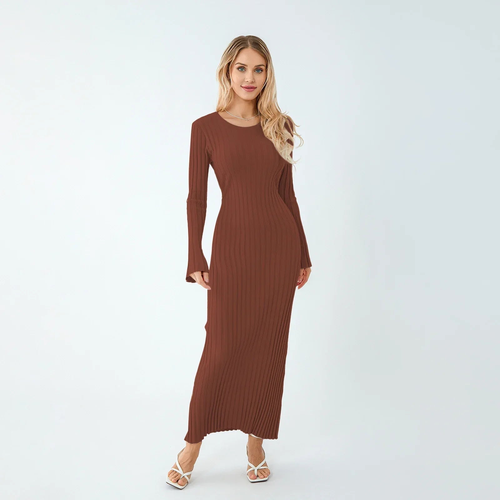 Elena Elegante Maxi Jurk met Geribde Stof en Veters