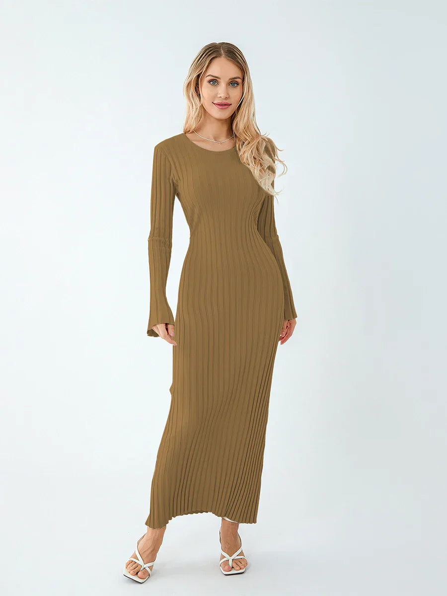 Elena Elegante Maxi Jurk met Geribde Stof en Veters