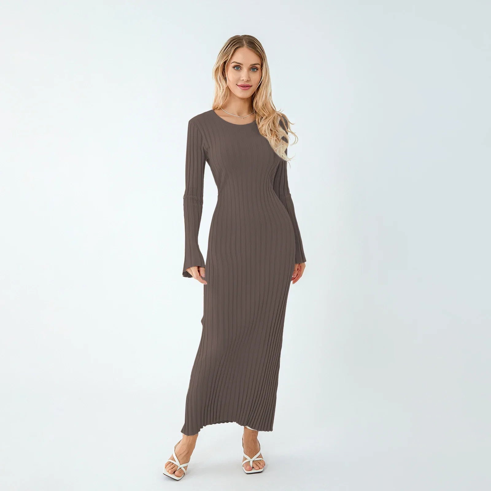 Elena Elegante Maxi Jurk met Geribde Stof en Veters