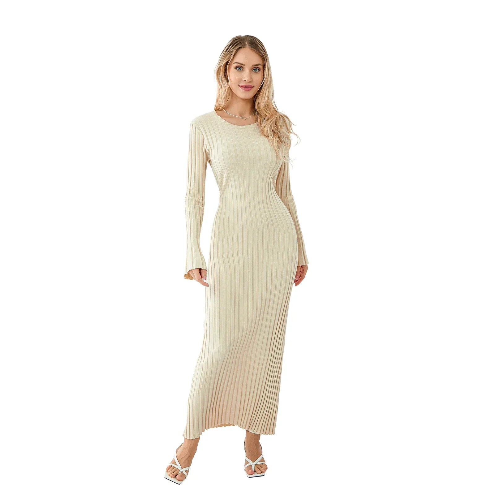 Elena Elegante Maxi Jurk met Geribde Stof en Veters