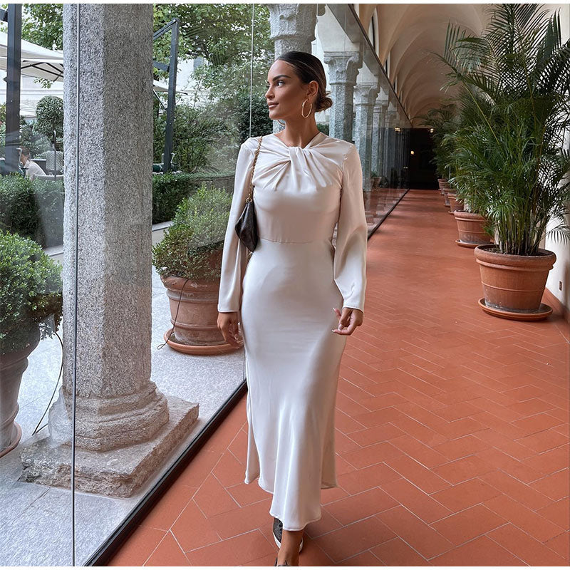 Leanora - Elegante Satijnen Maxi Jurk met Wijde Mouwen