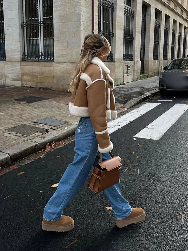 Cropped Aviator Teddy Jas met Sherpa Details - Camel