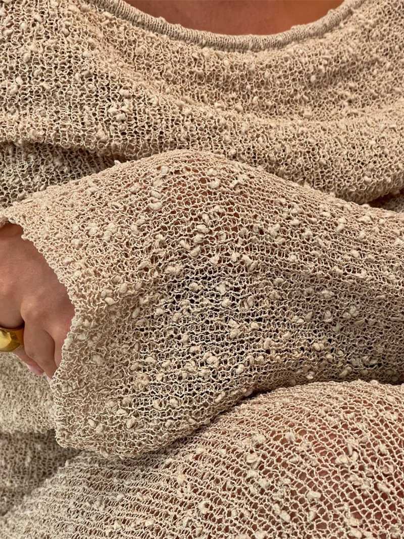 Marissa - Ribgebreide Bouclé Maxi Jurk met Off-Shoulder Halslijn