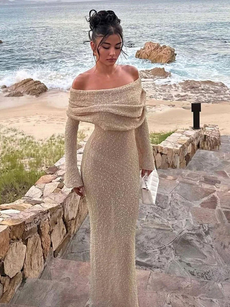 Marissa - Ribgebreide Bouclé Maxi Jurk met Off-Shoulder Halslijn