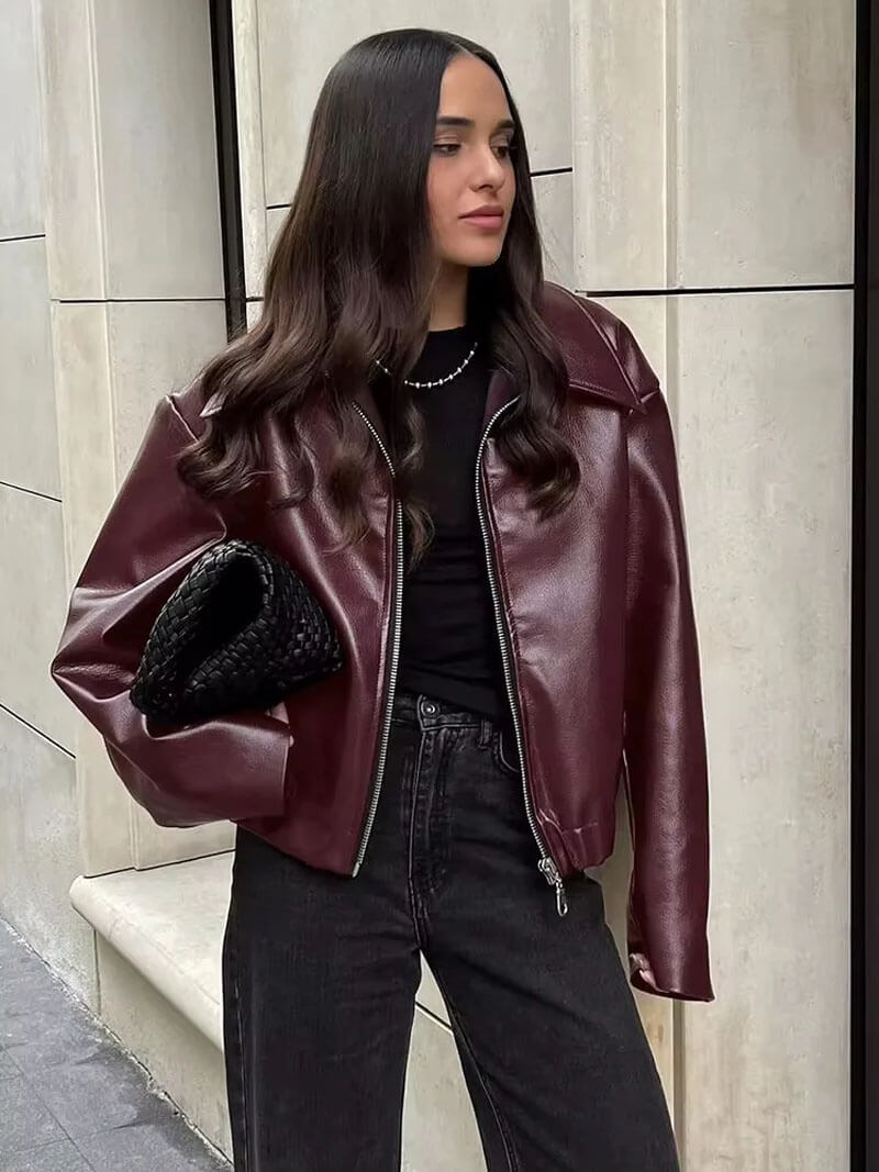 Cropped Leather Jacket with Oversized Fit - Burgundy