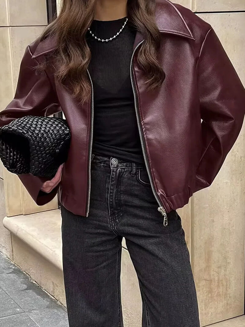 Cropped Leather Jacket with Oversized Fit - Burgundy