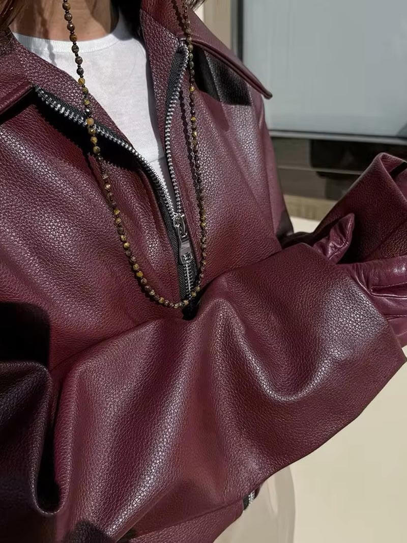 Cropped Leather Jacket with Oversized Fit - Burgundy