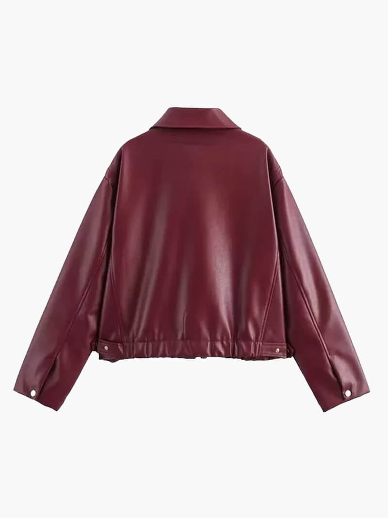 Cropped Leather Jacket with Oversized Fit - Burgundy