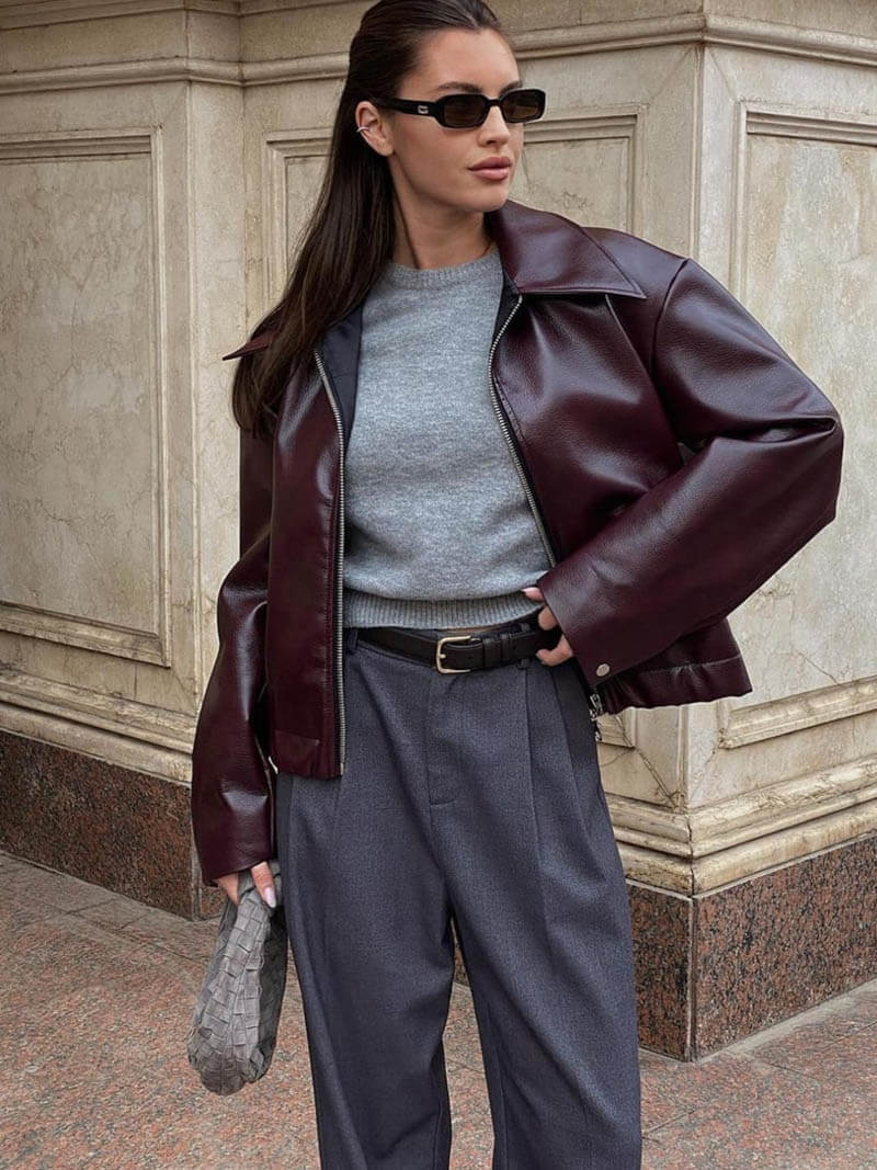 Cropped Leather Jacket with Oversized Fit - Burgundy