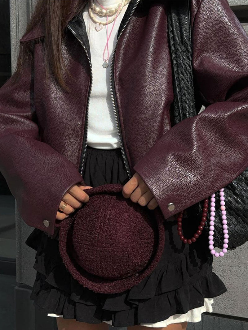 Cropped Leather Jacket with Oversized Fit - Burgundy