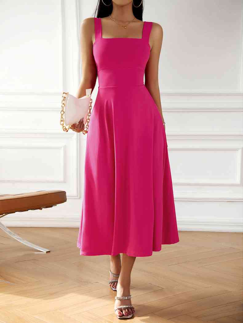 Isabelle Elegant Midi Dress with Square Neckline and Bow Detail