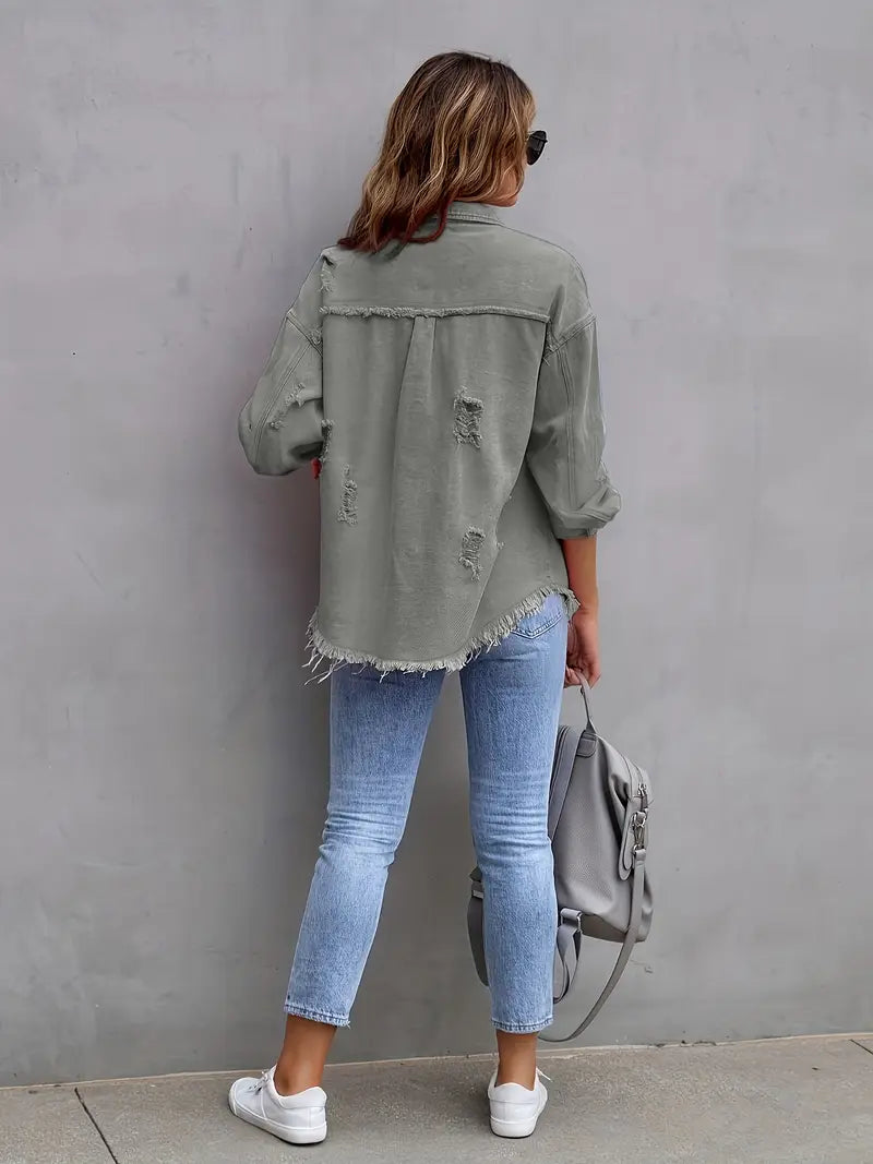 Harper Luxe Vintage Gevoerde Button-Up Jas – Distressed Afwerking met Frayed Hem