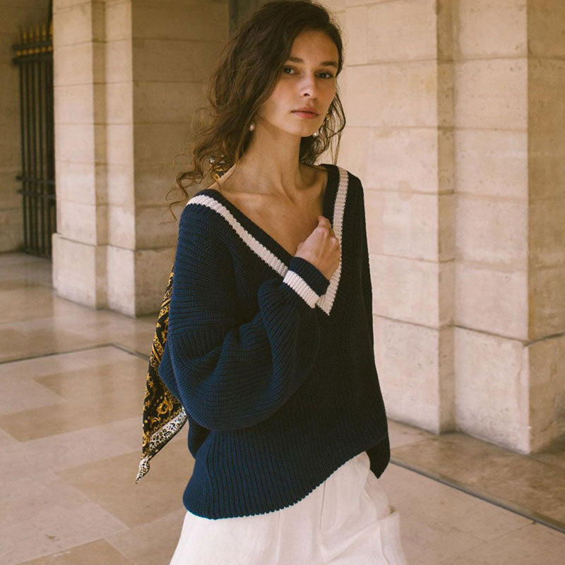 Claire College Preppy V-Neck Oversized Sweater