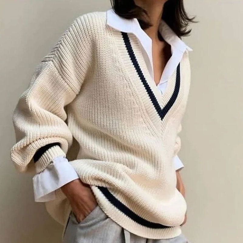 Claire College Preppy V-Neck Oversized Sweater