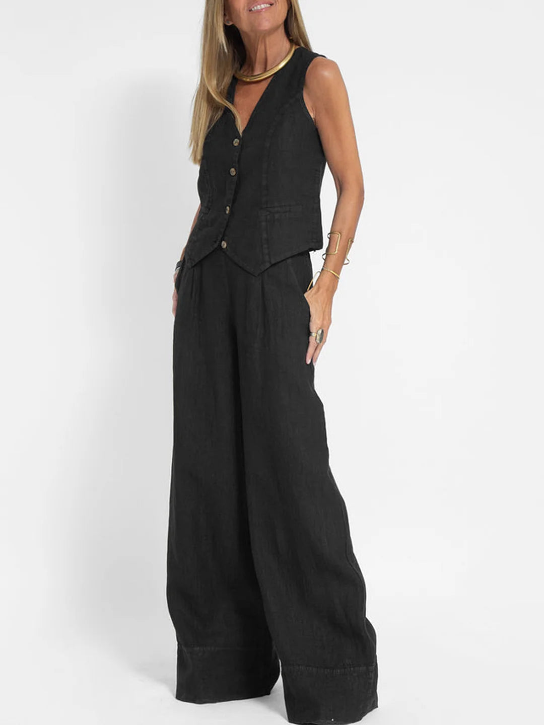 Claire – Elegante Mouwloze Linnen Set met V-Hals Gilet en Wijde Broek