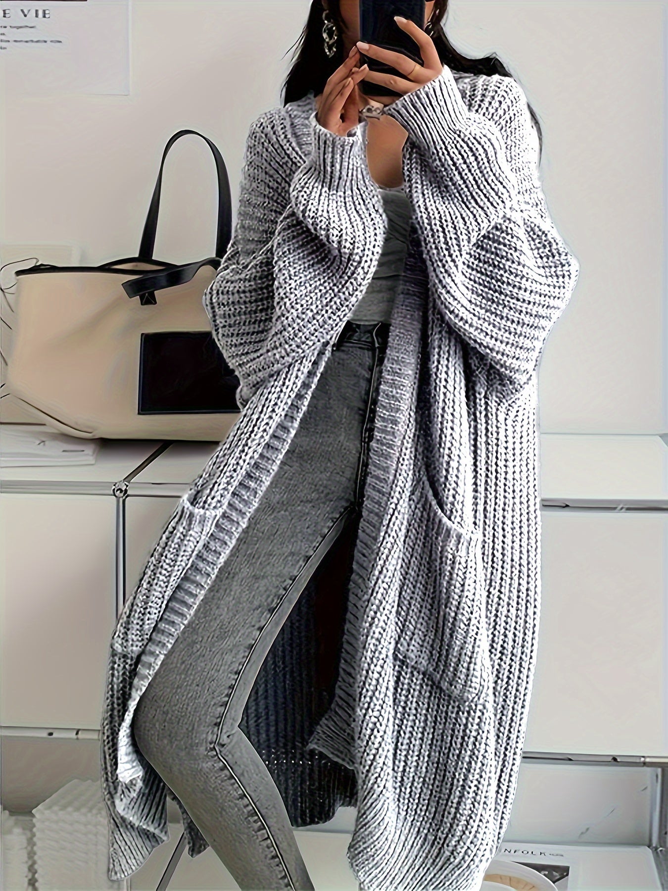 Sofie - Lange Gebreide Cardigan met Patchzakken - Stijlvol & Comfortabel