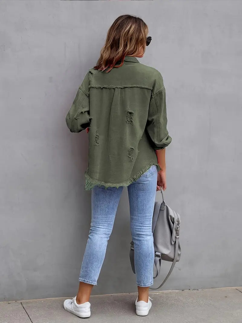 Harper Luxe Vintage Gevoerde Button-Up Jas – Distressed Afwerking met Frayed Hem