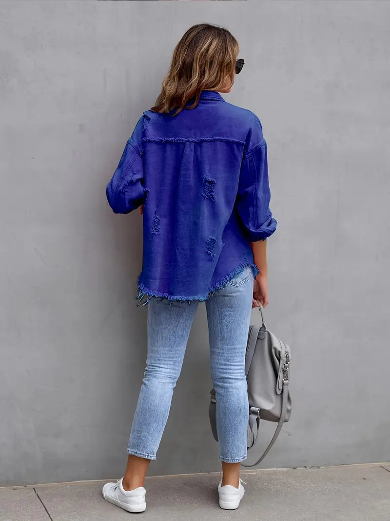 Harper Luxe Vintage Gevoerde Button-Up Jas – Distressed Afwerking met Frayed Hem
