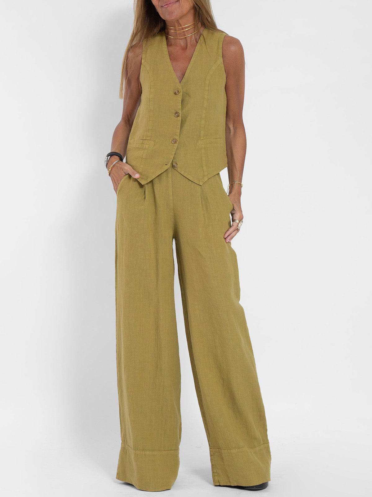 Claire – Elegante Mouwloze Linnen Set met V-Hals Gilet en Wijde Broek