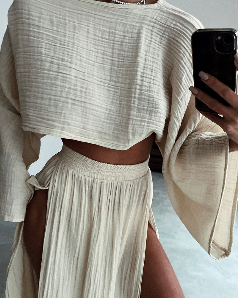 Isabella Comfortabele Katoenen Set met Top en Splitrok