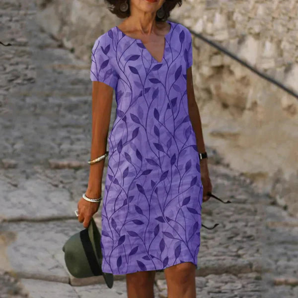 Ivy Zachte Katoenen Zomerjurk met Bladprint en V-Hals