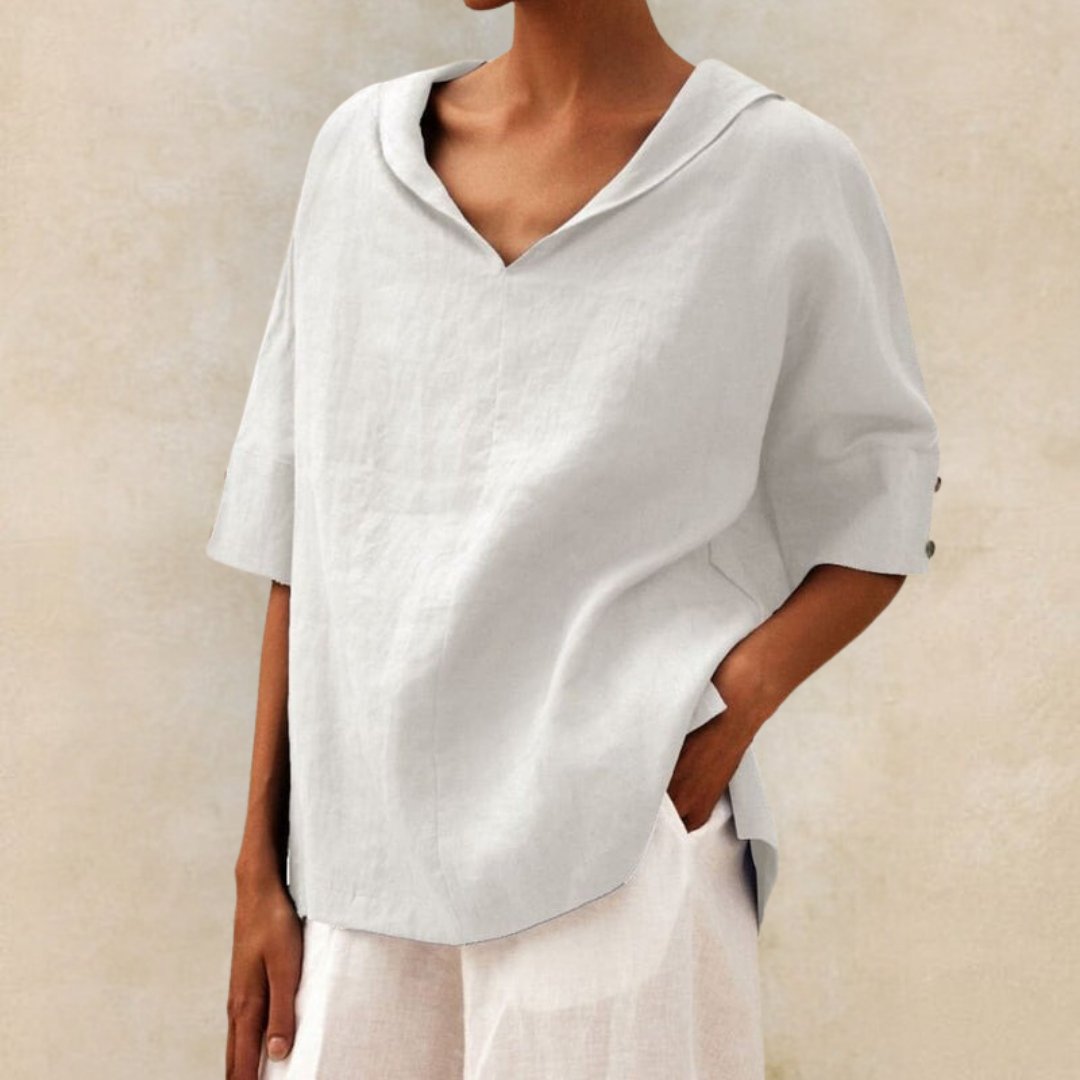Lena – Comfortabele Luxe Linnen V-Hals Blouse voor Vrouwen