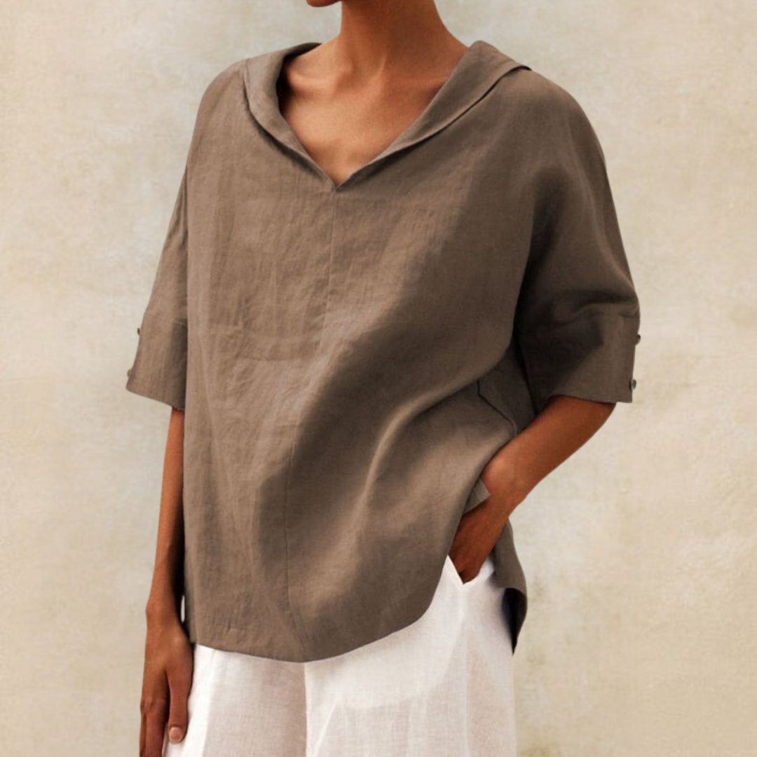 Lena – Comfortabele Luxe Linnen V-Hals Blouse voor Vrouwen