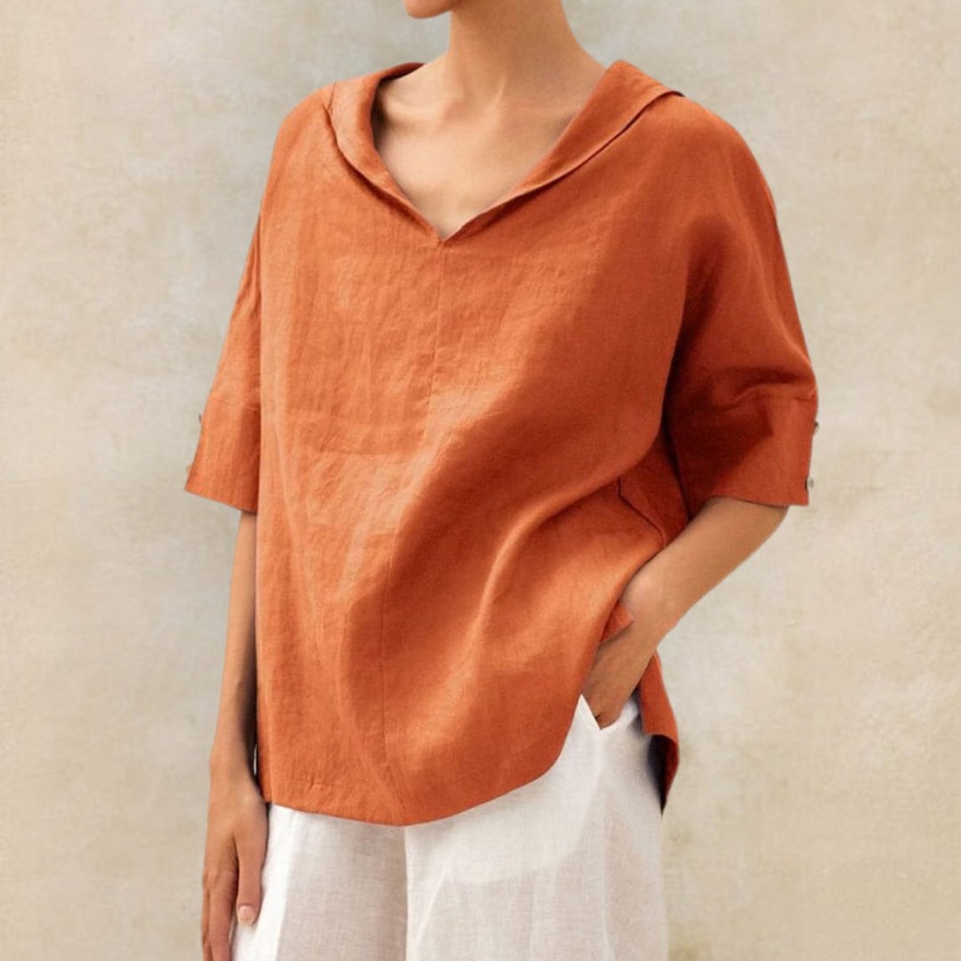 Lena – Comfortabele Luxe Linnen V-Hals Blouse voor Vrouwen