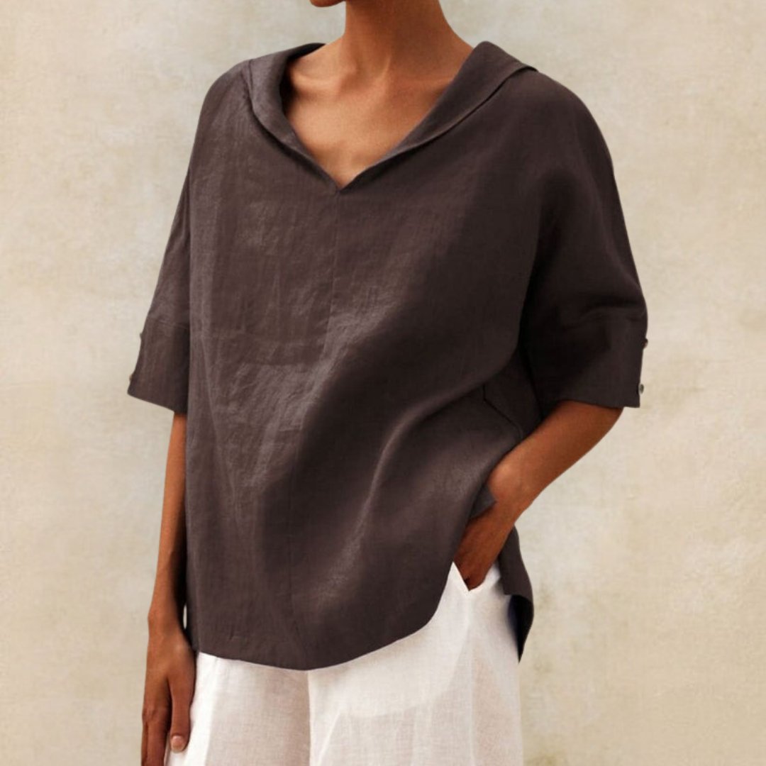 Lena – Comfortabele Luxe Linnen V-Hals Blouse voor Vrouwen