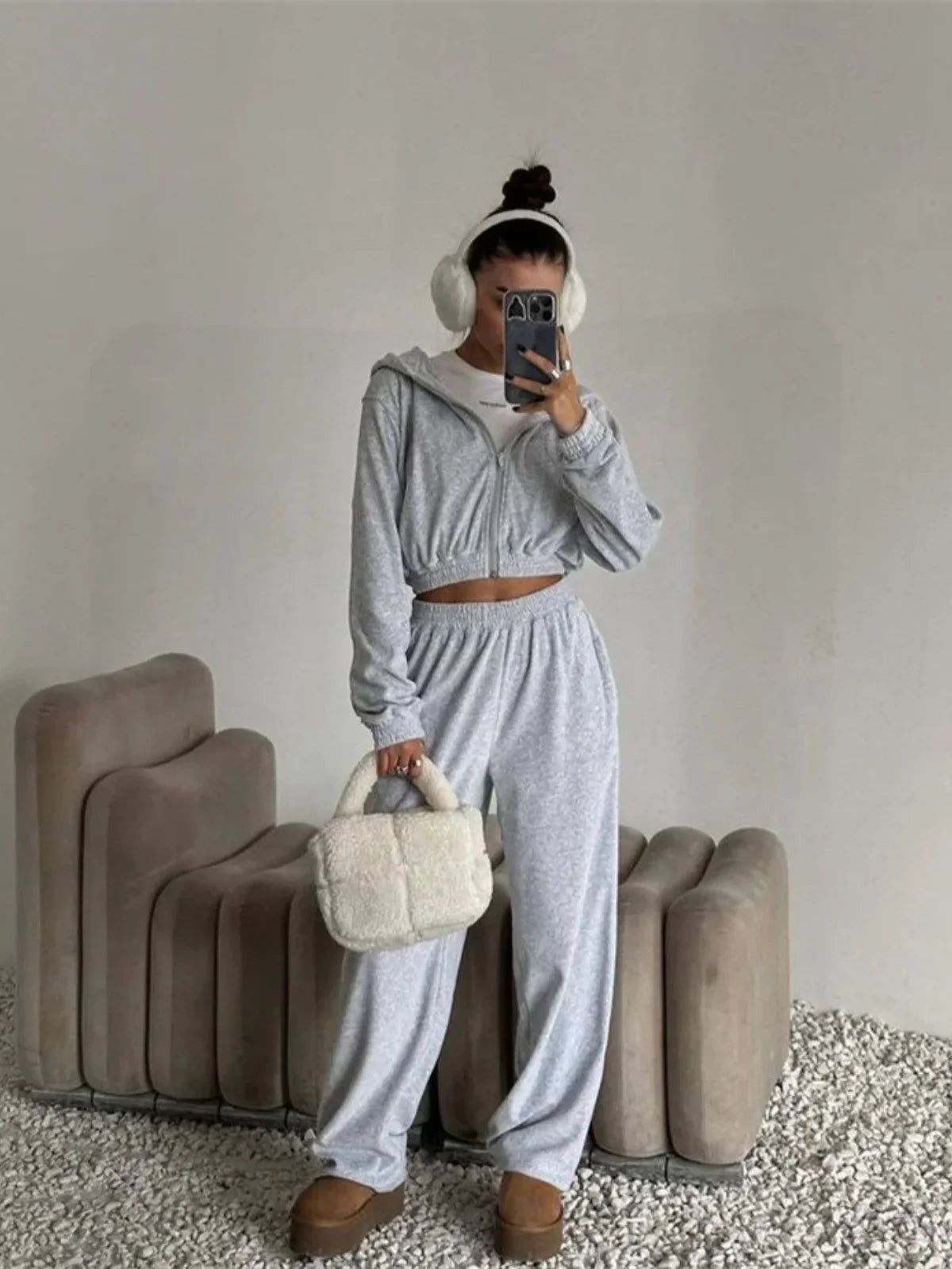 Luna Relax Lounge Set met Cropped Hoodie en Wijde Pijpen