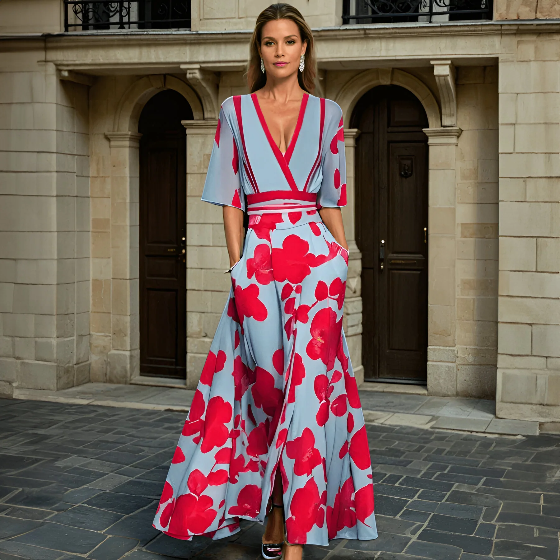 Amelia Elegante Maxi Jurk met V-Hals – Tijdloze Stijl & Luxe Comfort
