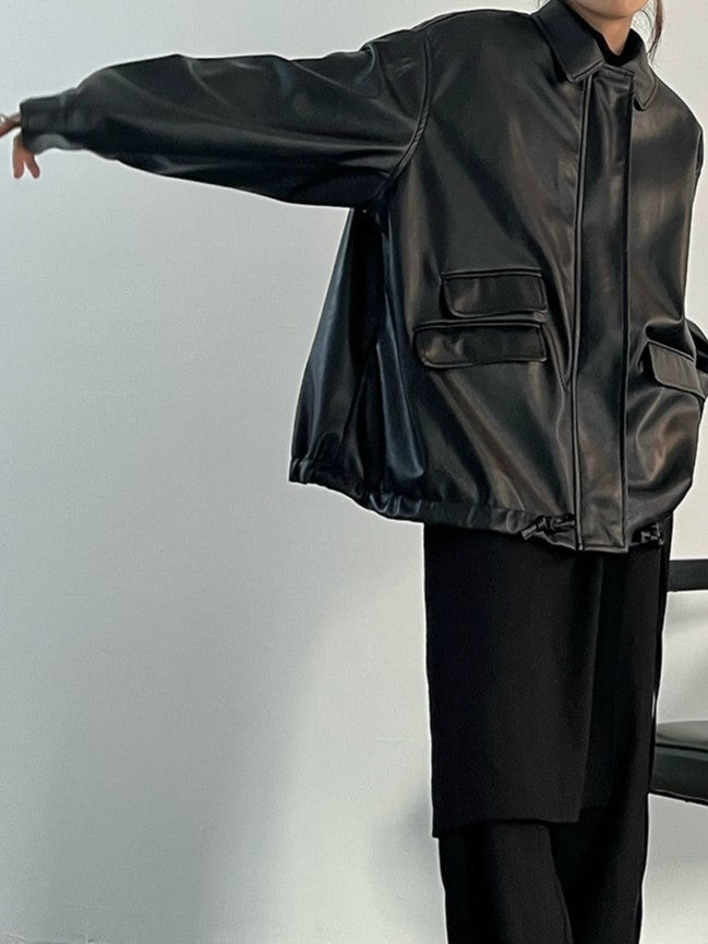 Emma Luxe Long PU Leather Jacket with Lapel Collar and Drawstring