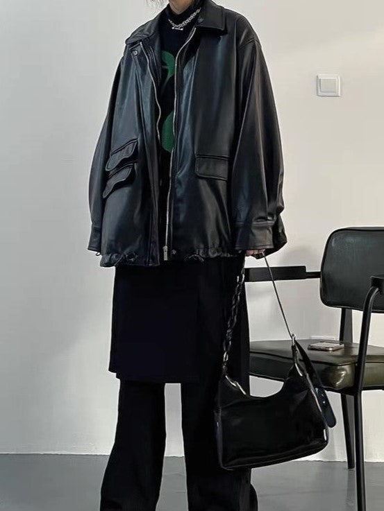 Emma Luxe Long PU Leather Jacket with Lapel Collar and Drawstring