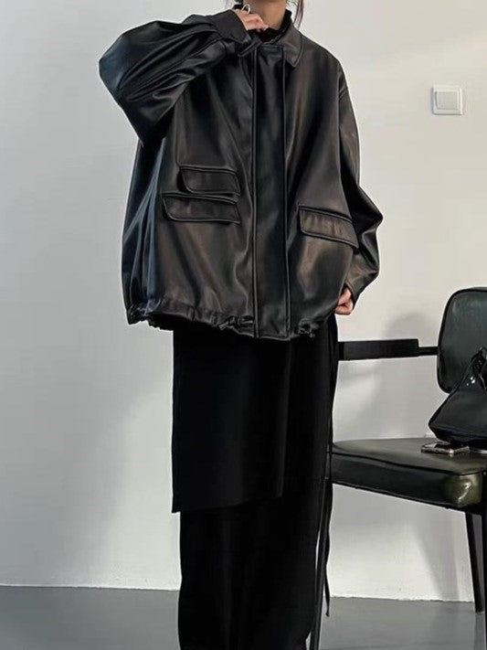 Emma Luxe Long PU Leather Jacket with Lapel Collar and Drawstring