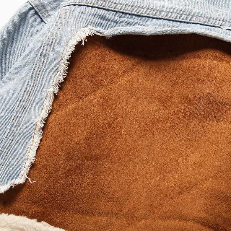 Cropped Denim Sherpa Jas met Contrast Vakken - Beige en Lichtblauw