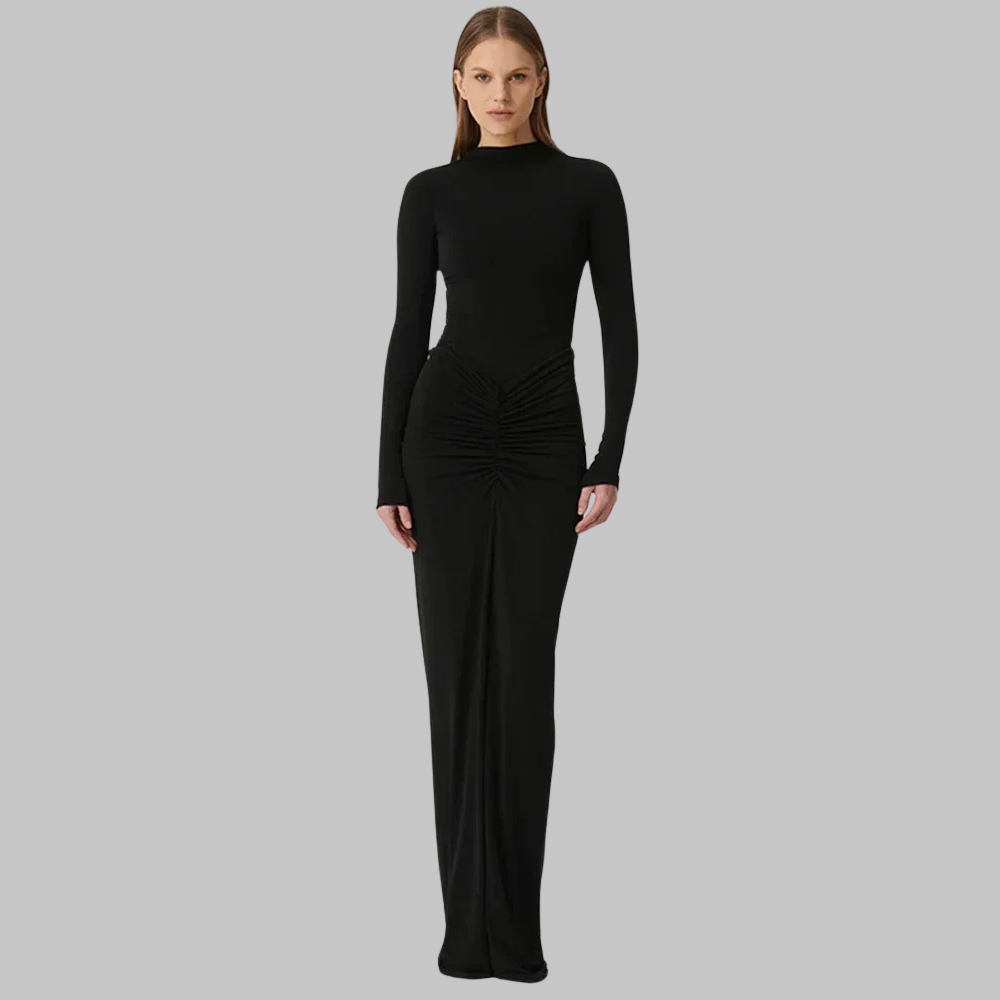 Selene - Elegante Plissé Maxi Jurk met Lange Mouwen