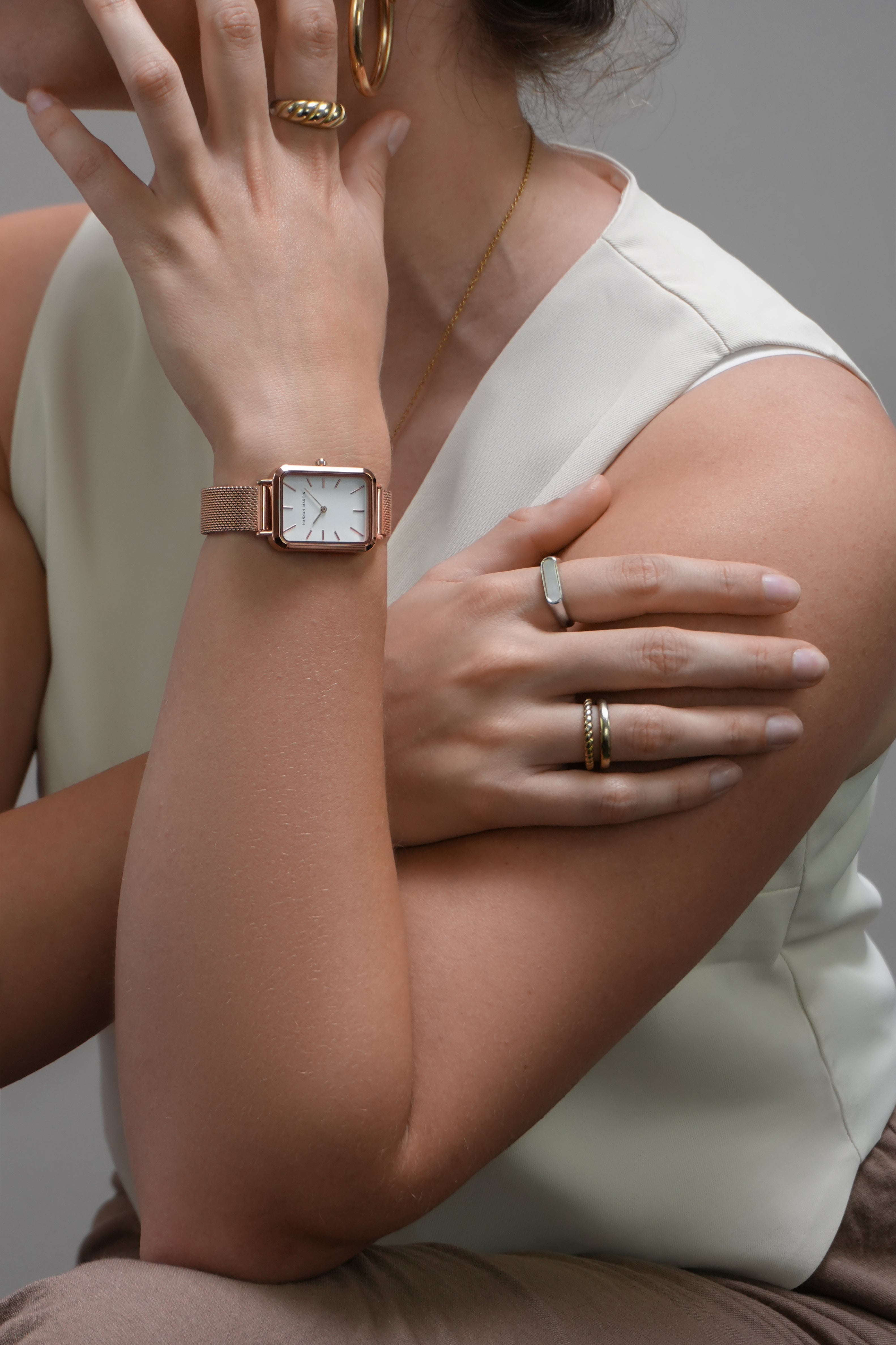 Luxe - Rechthoekig Horloge Roségoud met Mesh Band