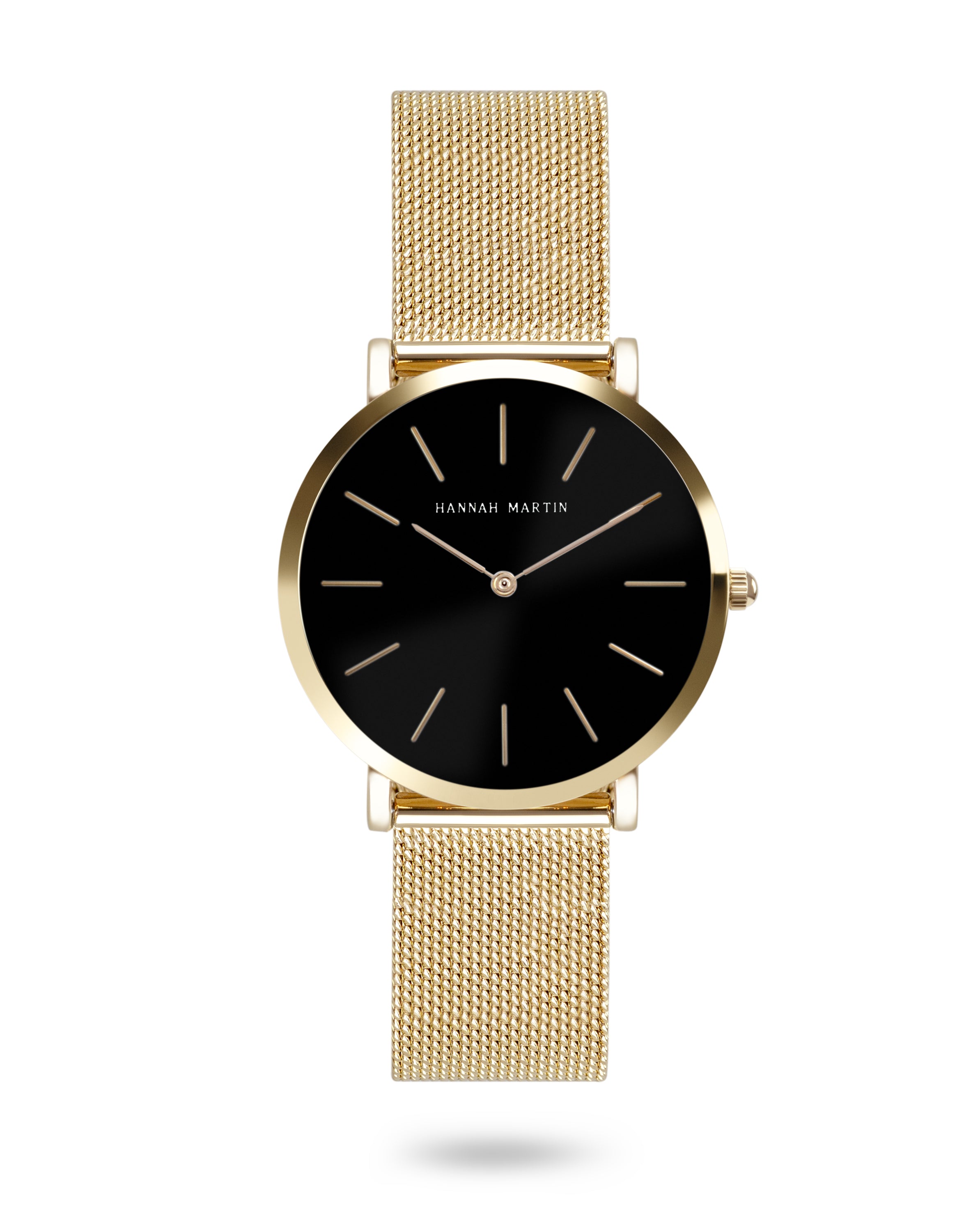 Noir Luxe - Rond Horloge Goud met Zwarte Wijzerplaat en Mesh Band