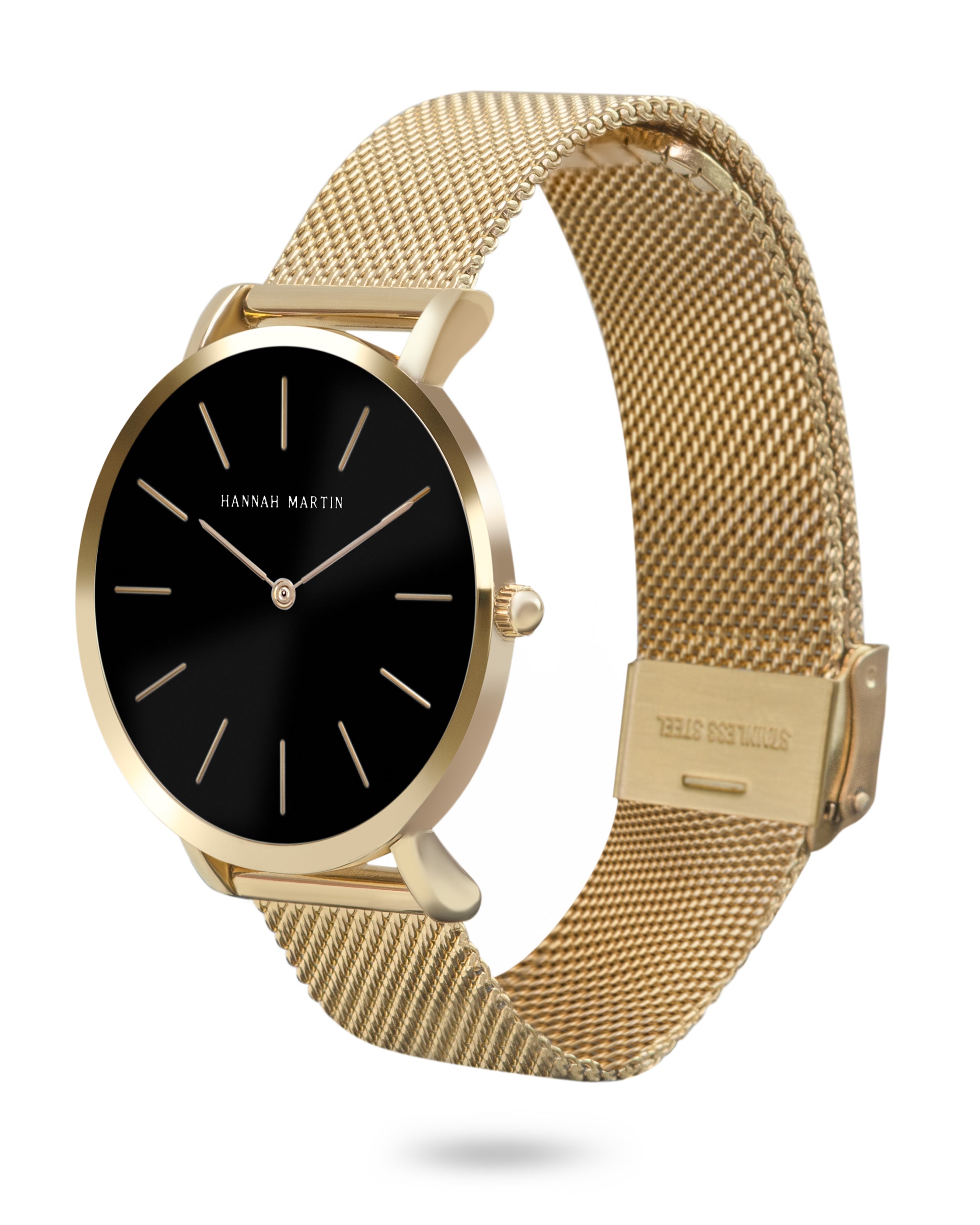 Noir Luxe - Round Clock Gold with Black Dial and Mesh Band