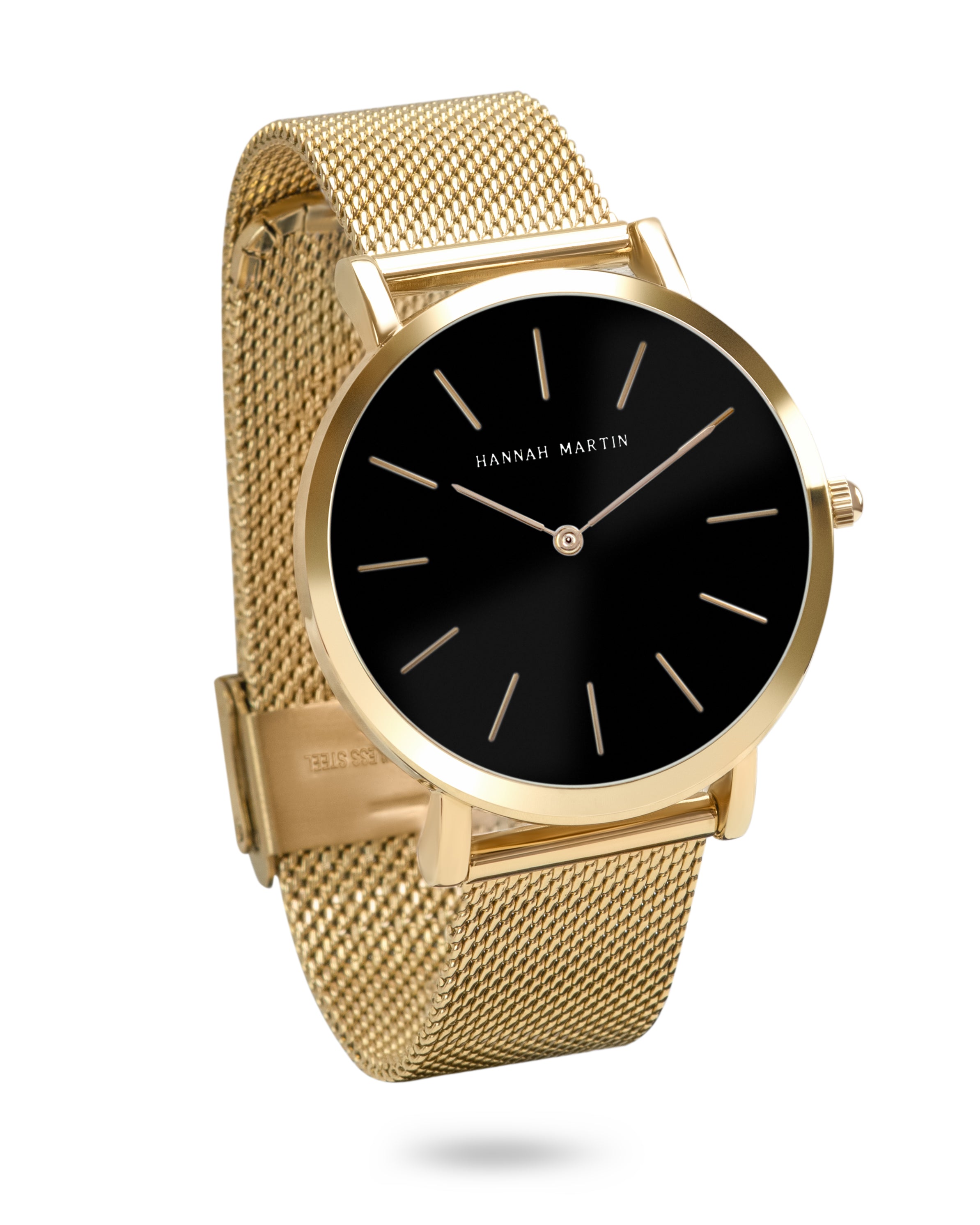 Noir Luxe - Rond Horloge Goud met Zwarte Wijzerplaat en Mesh Band