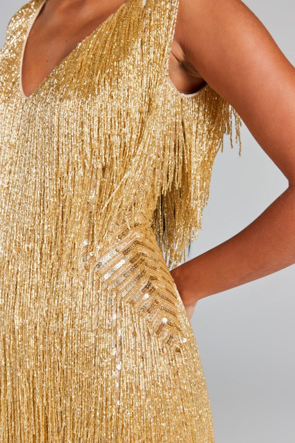 Celeste Luxe Shimmer Fringe Dress – Handgemaakte Beading en V-Hals