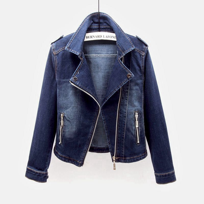 Luna Classic Denim Biker Jacket with Zipper Details