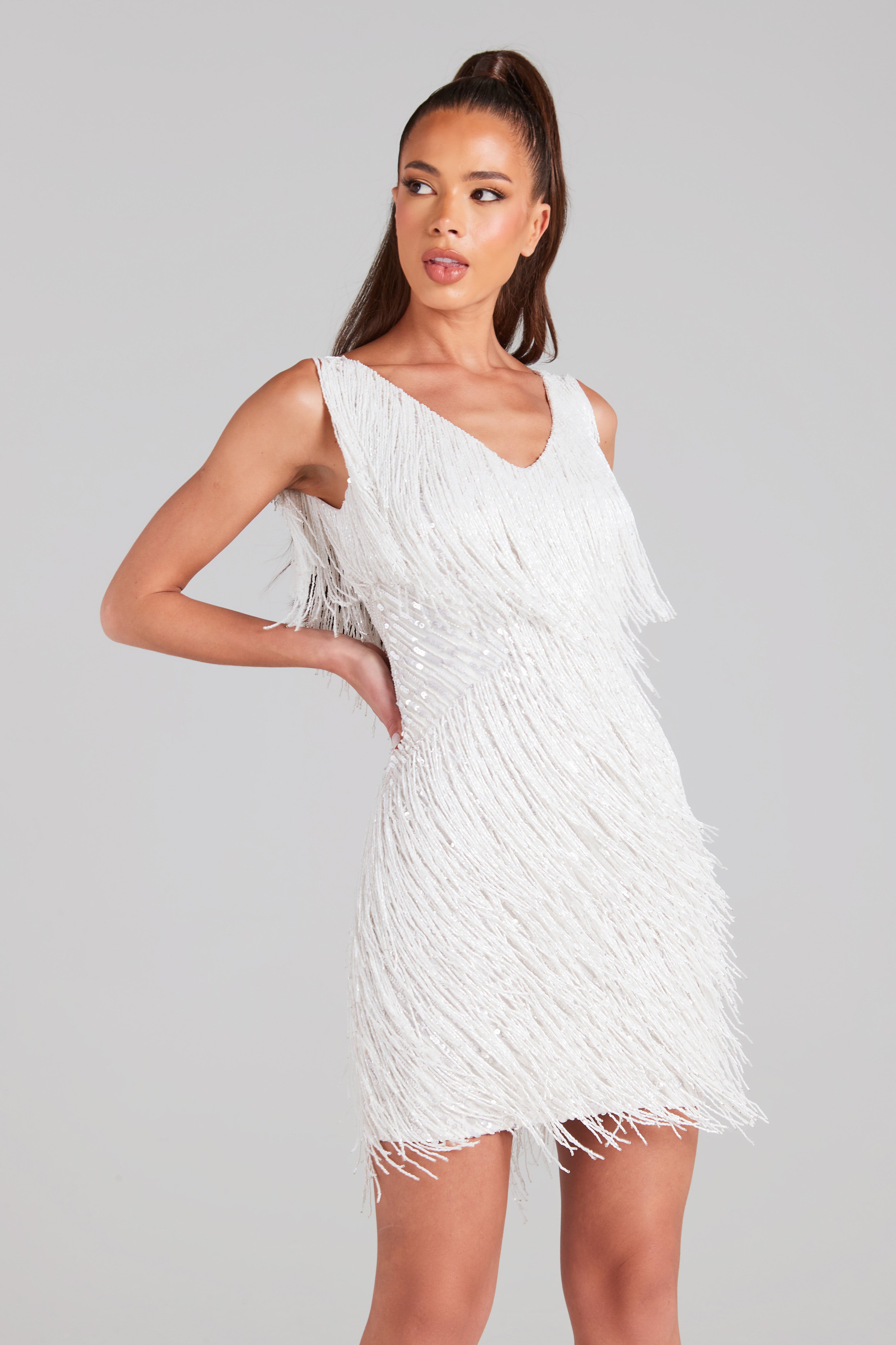 Celeste Luxe Shimmer Fringe Dress – Handgemaakte Beading en V-Hals