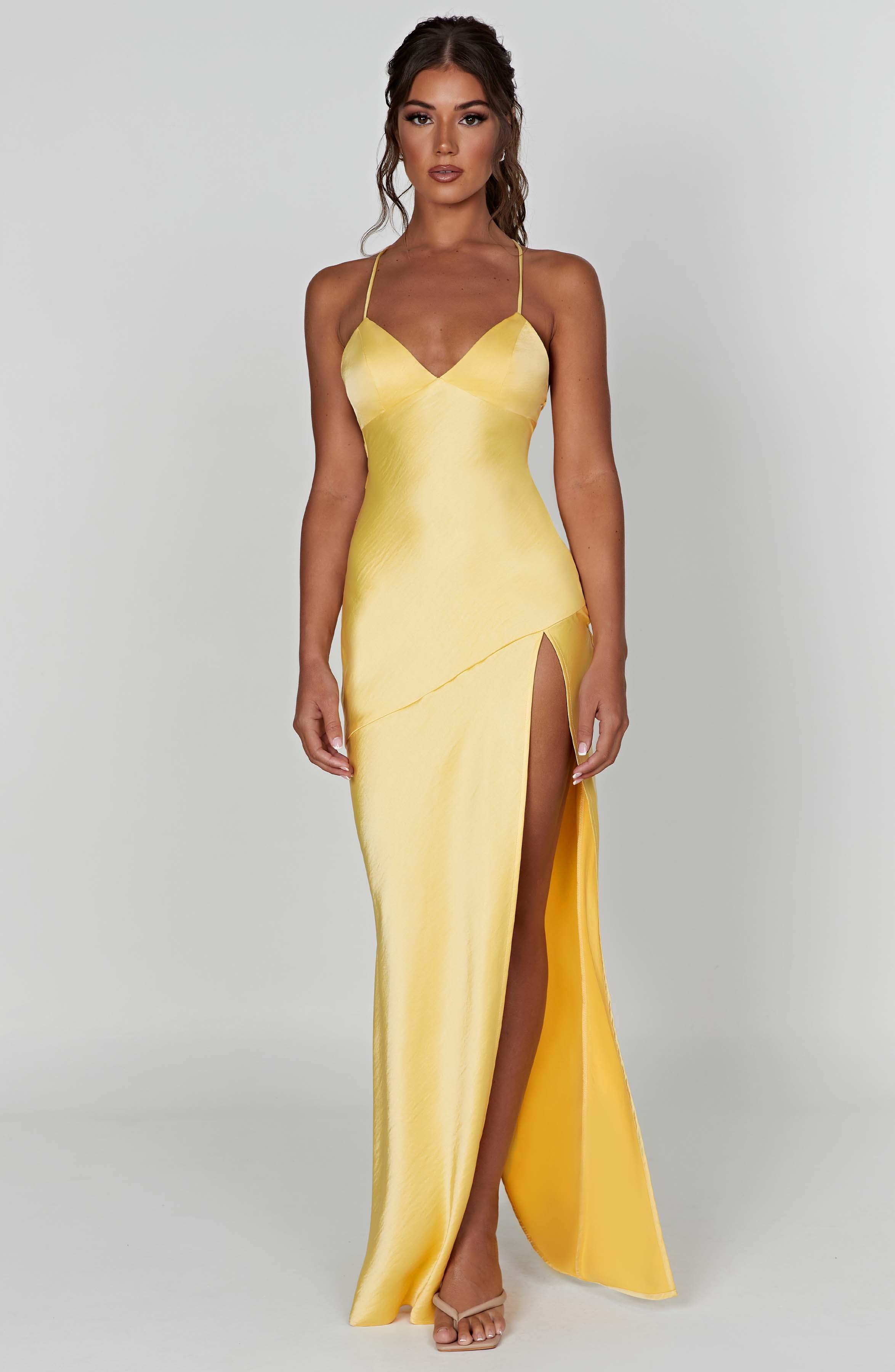 Isobel Luxe Satin Maxi Dress with Low Back and Split - Lemon