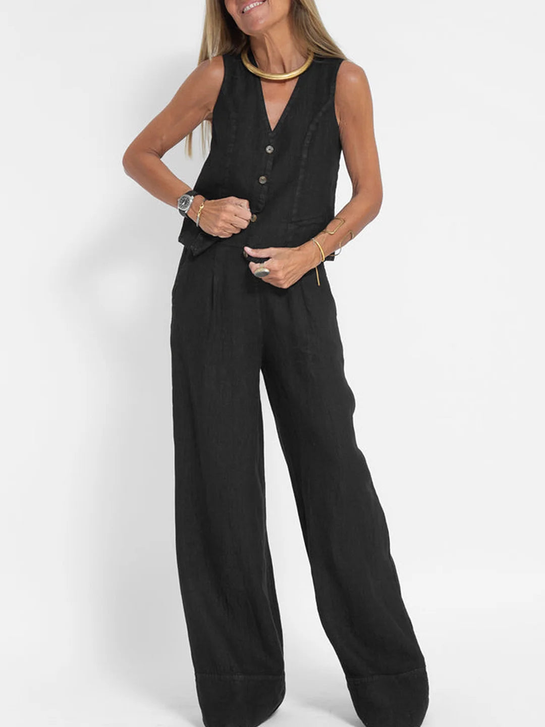 Claire – Elegant Sleeveless Linen Set with V-Neck Vest and Wide Pants